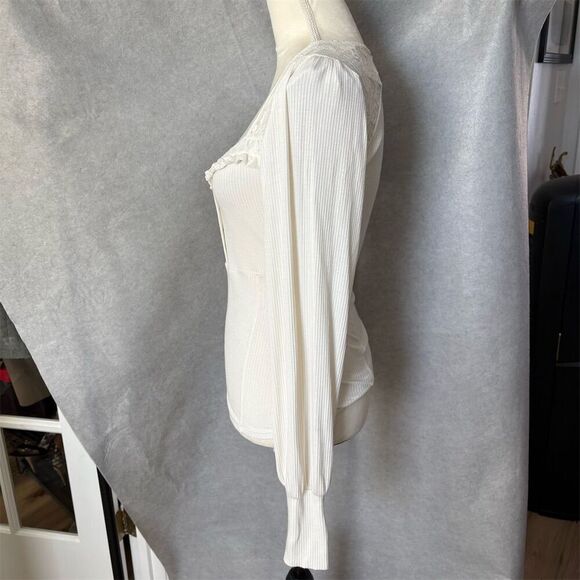 FP M Ivory Ribbed Lace Frill Square Neck Long Sleeve Blouse Y2K Romantic - Picture 6 of 7